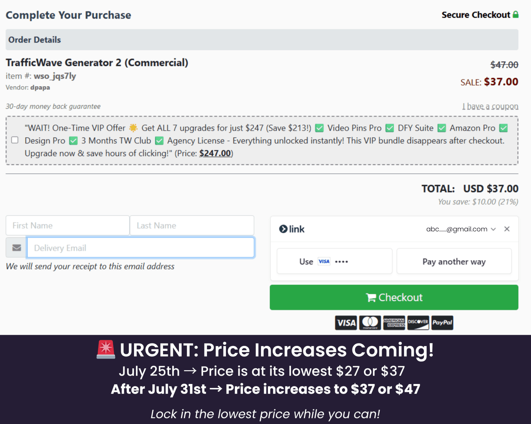 TrafficWave Generator 2.0 Checkout Page